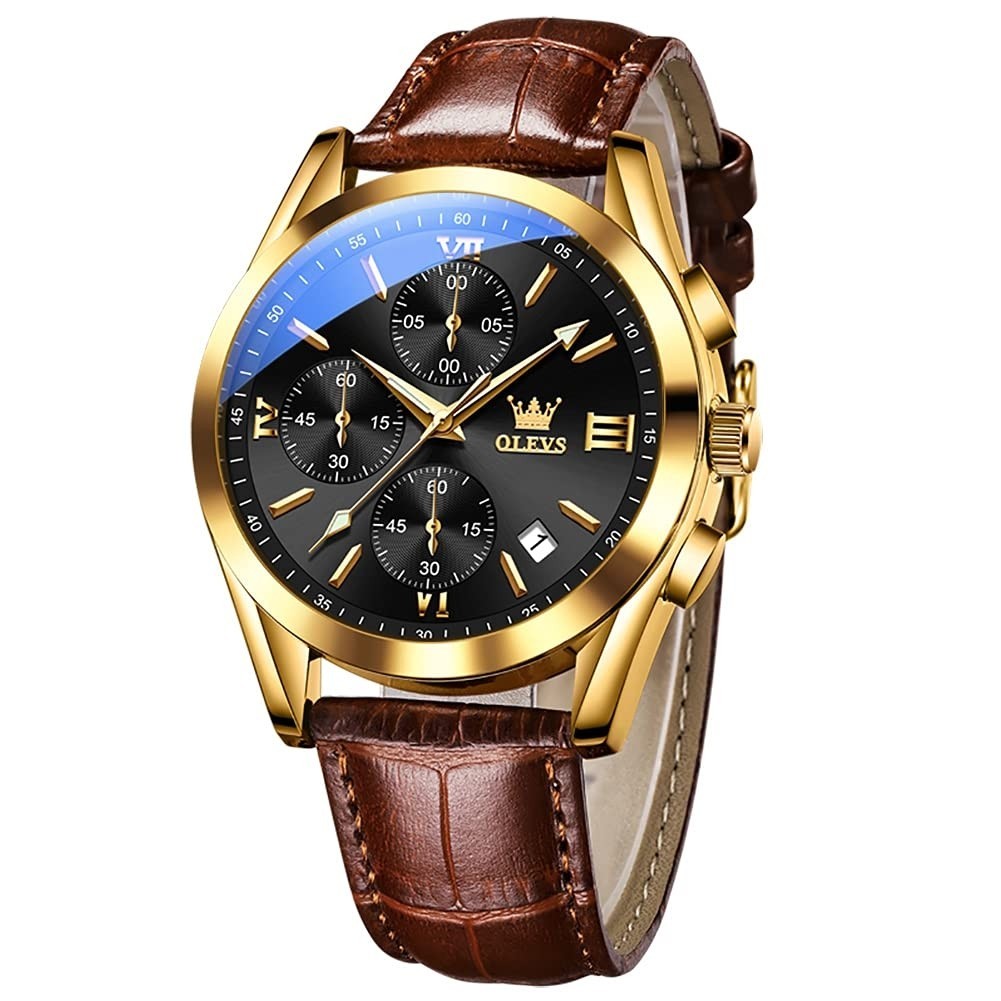 OLEVS Watch for Men Chronograph Brown Leather Strap Classic Fashion Analog Watch
