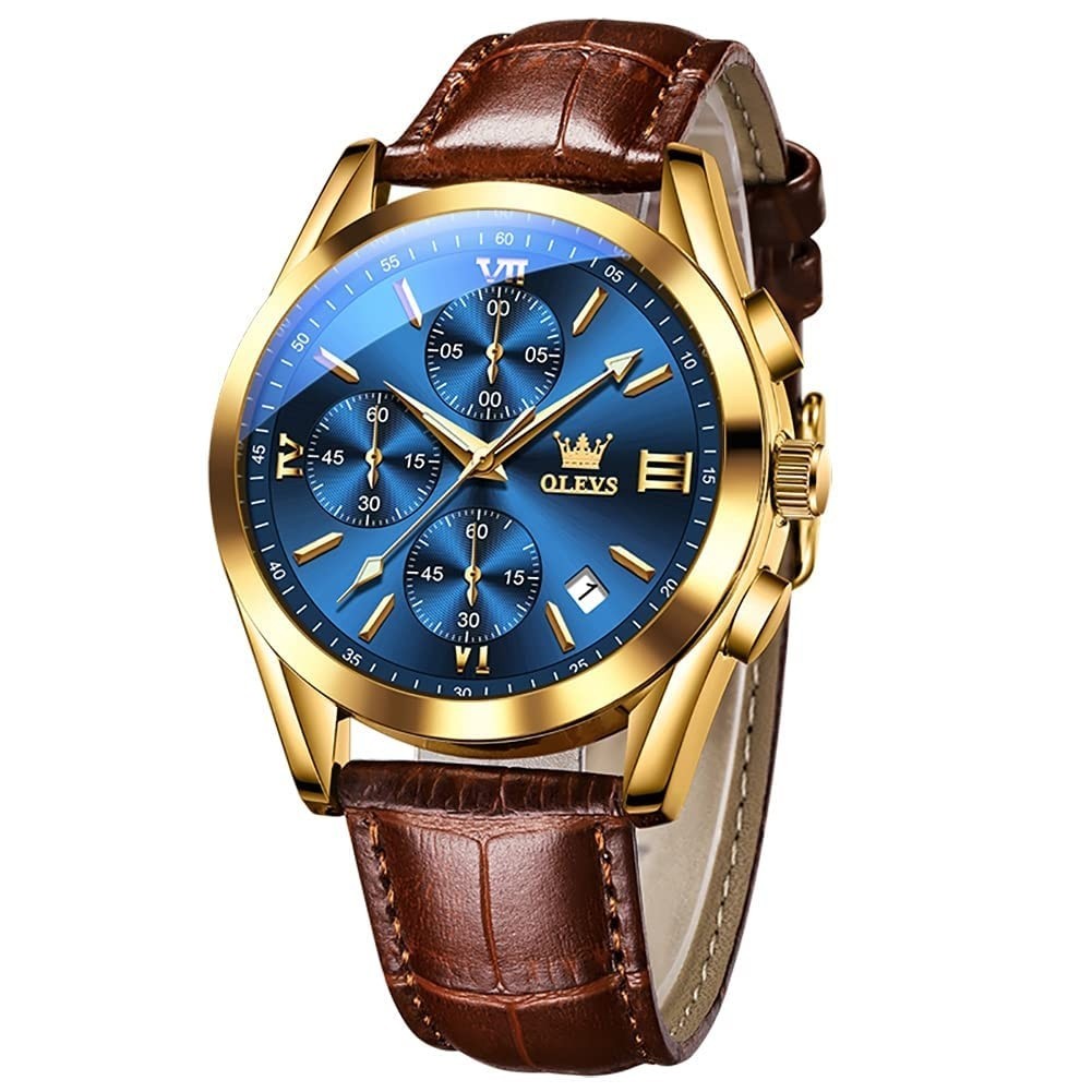 OLEVS Watch for Men Chronograph Brown Leather Strap Classic Fashion Analog Watch