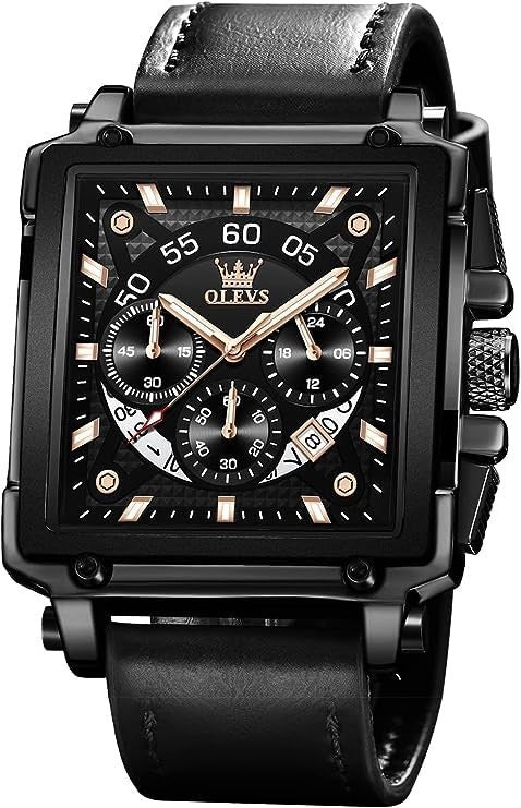 OLEVS Watches for Men UK Square Quartz Chronograph Leather Fashion Dress Watch