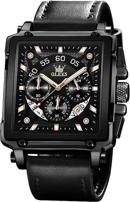 OLEVS Watches for Men UK Square Quartz Chronograph Leather Fashion Dress Watch