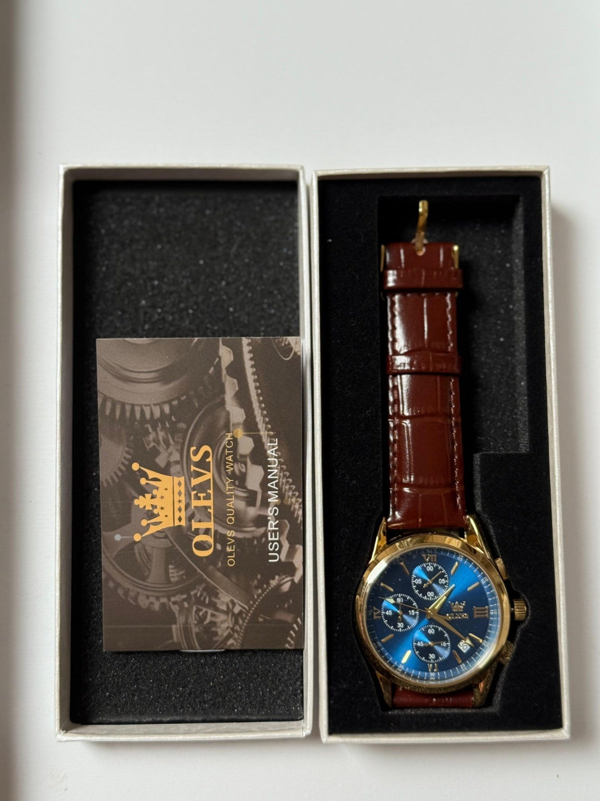 OLEVS Watch for Men Chronograph Brown Leather Strap Classic Fashion Analog Watch