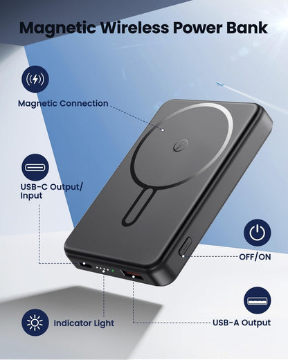 Magnetic Power Bank 12000mAh for MagSafe, QC4.0 22.5W PD20W USB C Output