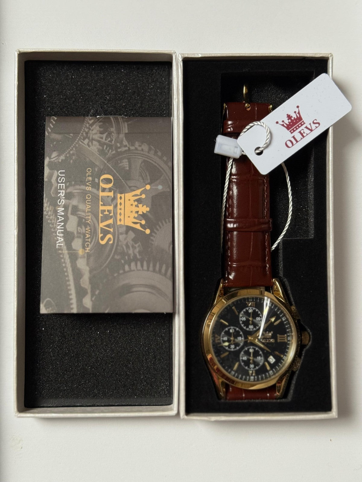 OLEVS Watch for Men Chronograph Brown Leather Strap Classic Fashion Analog Watch