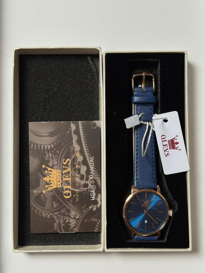 OLEVS Women Wrist Watches Ultra Thin 6.5mm Minimalist Blue Leather&Blue Dial