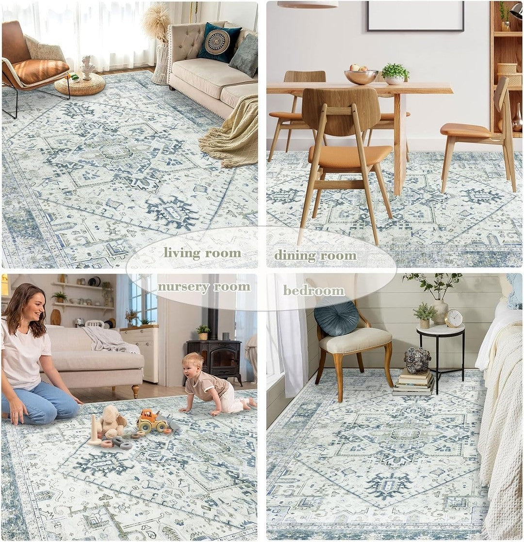 Homcomodar Washable Boho Large Thin Vintage Soft Low-Pile Lightweight Carpet