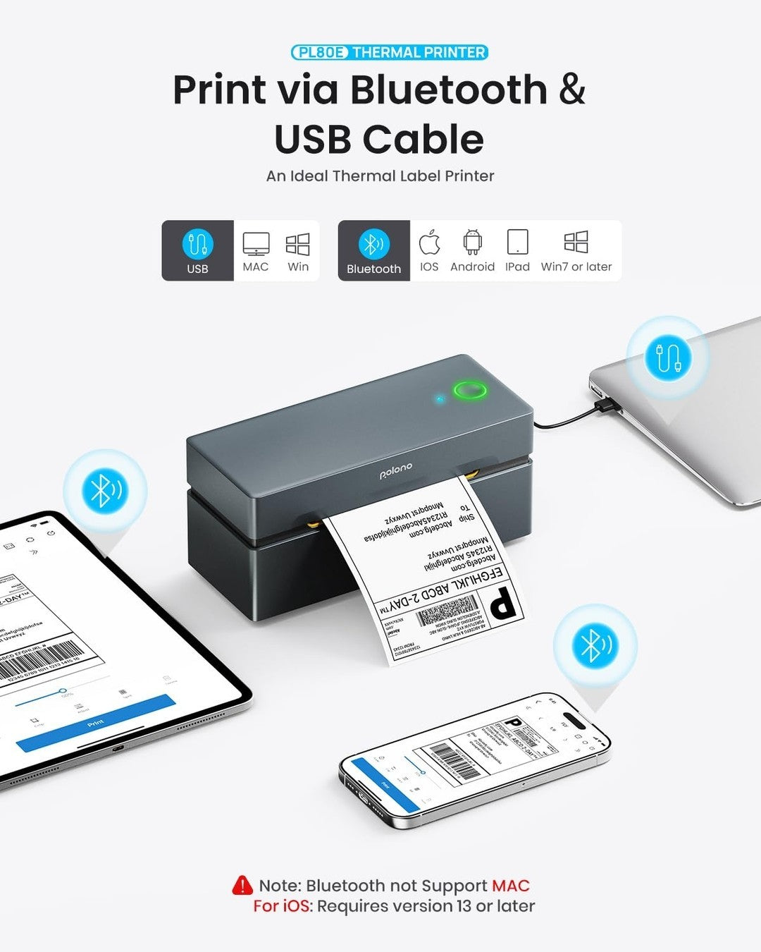 POLONO Bluetooth Thermal Shipping Label Printer, Wireless 4x6 Shipping