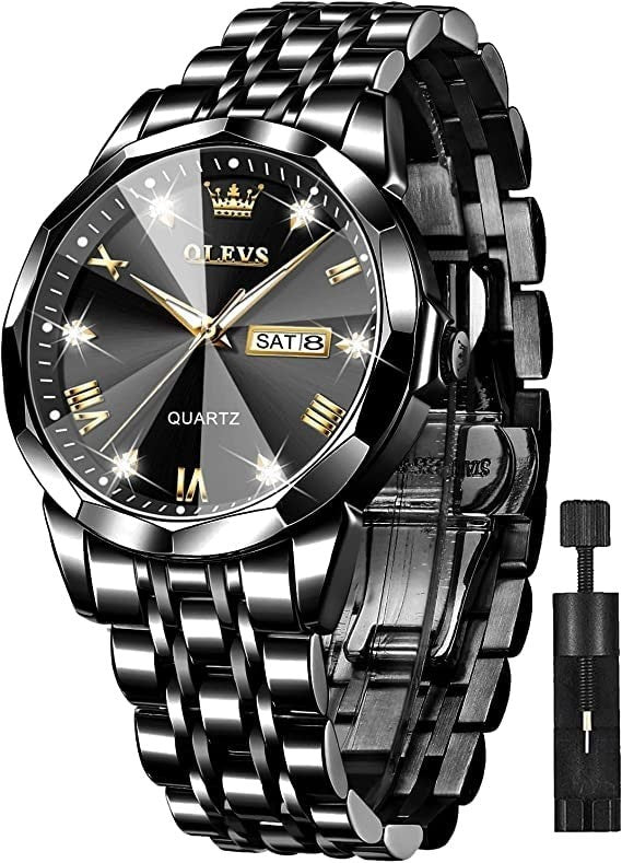 OLEVS Men's Watch Stainless Steel Designer Diamonds Dress Black