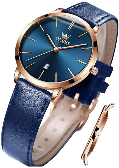 OLEVS Women Wrist Watches Ultra Thin 6.5mm Minimalist Blue Leather&Blue Dial