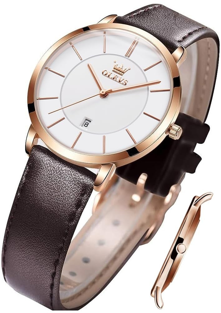 OLEVS Ladies Quartz Watch Minimalist Casual Ultra-Thin Design & Leather Strap
