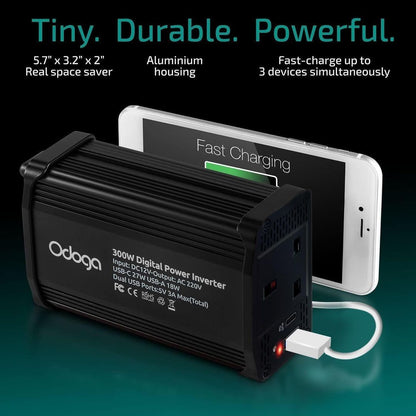 Odoga 300W Car Power Inverter 12V to 240V 230V Converter Dual USB 4.8A BLACK