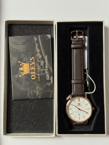 OLEVS Ladies Quartz Watch Minimalist Casual Ultra-Thin Design & Leather Strap