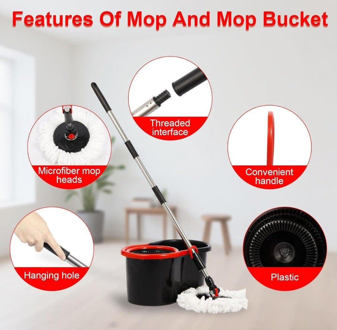 360° Spin Mop & Bucket Set with Wringer, Easy Wring Floor Cleaning with 2 Heads