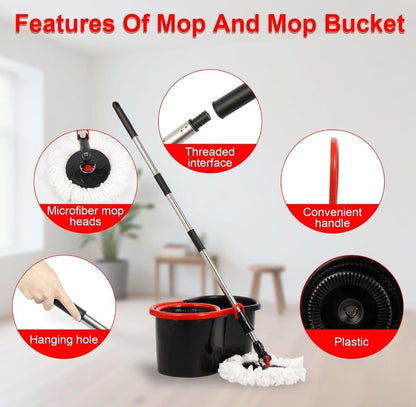 360° Spin Mop & Bucket Set with Wringer, Easy Wring Floor Cleaning with 2 Heads